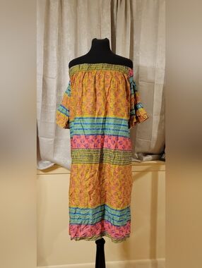Ashley Stewart Yellow Pink Blue Striped Off-Shoulder Dress